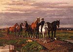 Mounted Rider Leading a Herd of Horses Over a Stream